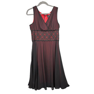 Connected Womens Dress 14 Black Red Sheer Overlay Lace Midi V-Neck Babydoll
